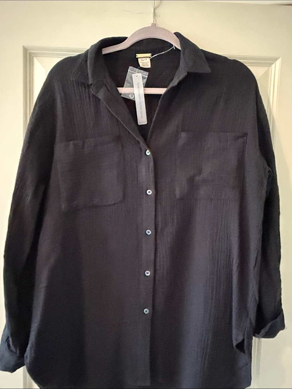 NWT Magaschoni Women's Black Button-Up Shirt 100% organic cotton gauze XS S